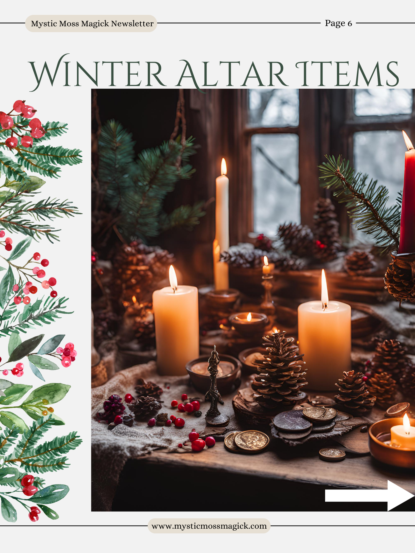 Open pages of Winter Magick Magazine with Yule rituals, introspective spells, and herbal remedies.