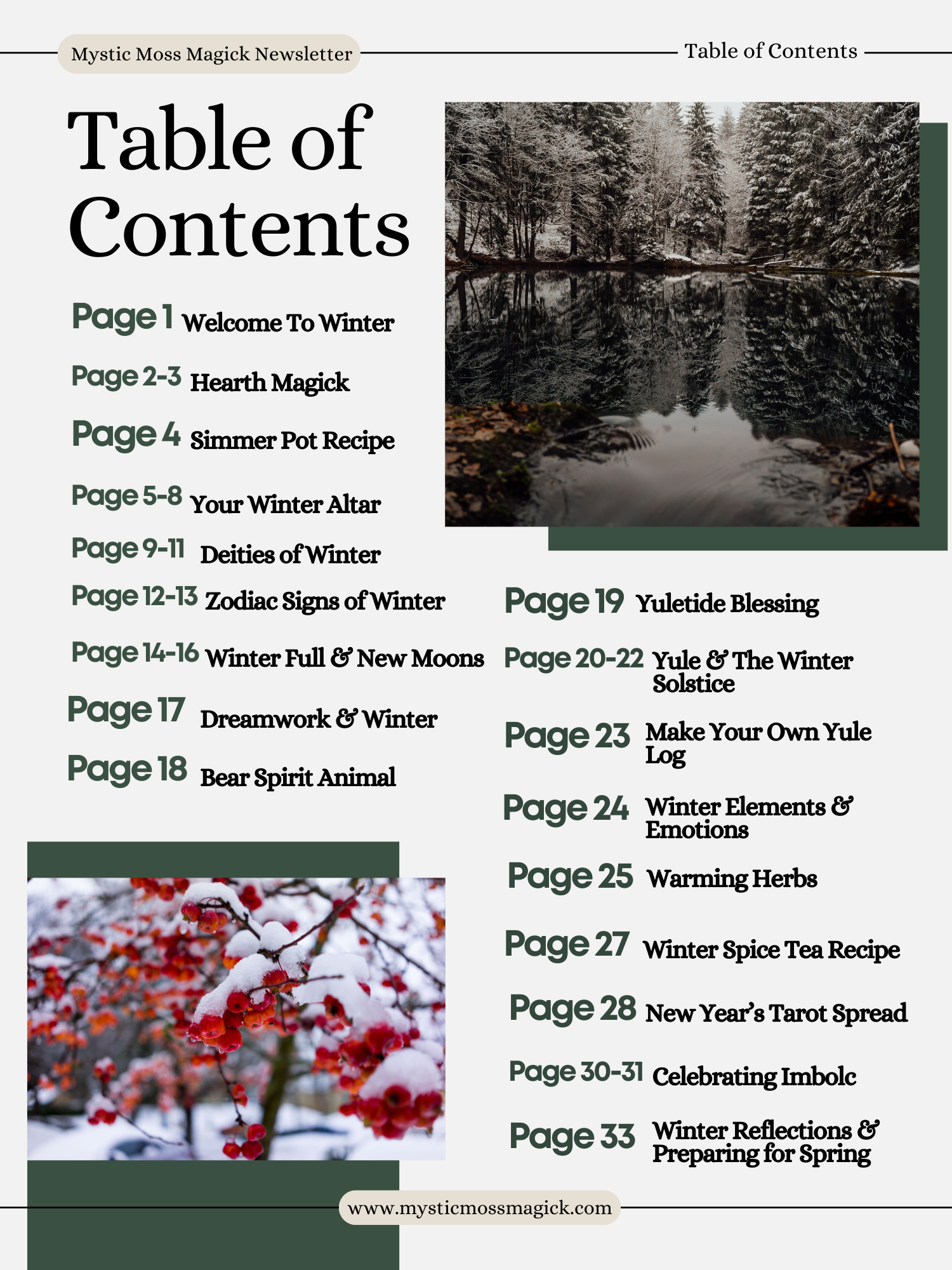Winter Magick Magazine surrounded by pine branches, crystals, and candlelight for cozy seasonal ritual