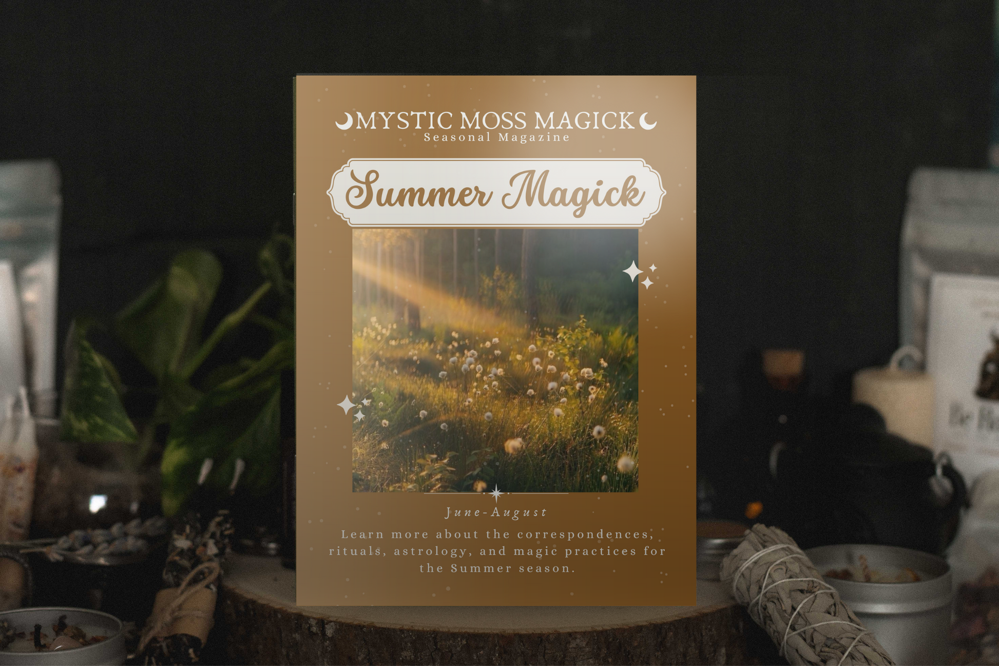 Summer witchcraft magazine cover with wildflowers, sun motifs, and ritual tools for the season of abundance.